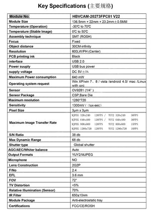 OV9281 USB Camera Module Specification Camera Module
