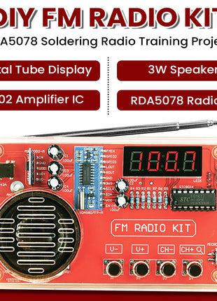 Kit Electrónico de Radio FM DIY 50-108MHz Ajustable IC RDA5807 con Pantalla Digital LED Kit de Soldadura DIY Altavoz de 3W Doble Alimentación Kit Electrónico DIY