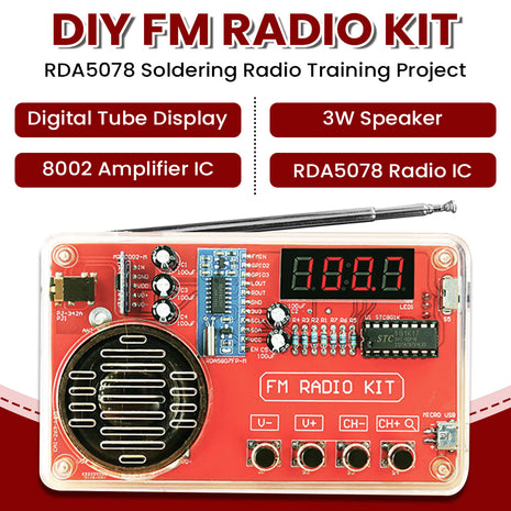 Kit Electrónico de Radio FM DIY 50-108MHz Ajustable IC RDA5807 con Pantalla Digital LED Kit de Soldadura DIY Altavoz de 3W Doble Alimentación Kit Electrónico DIY