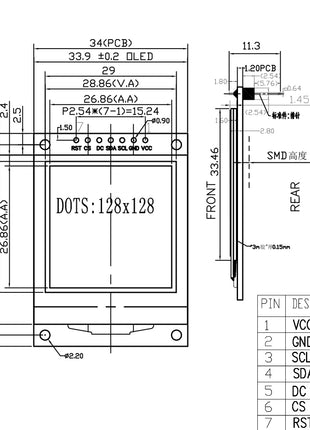 1.5 Inch OLED Screen Module SPI 7Pin 128*128 COG SH1107 Drive White LCD Display Low Power Consumption 3.3V-5V OLED LCD Module