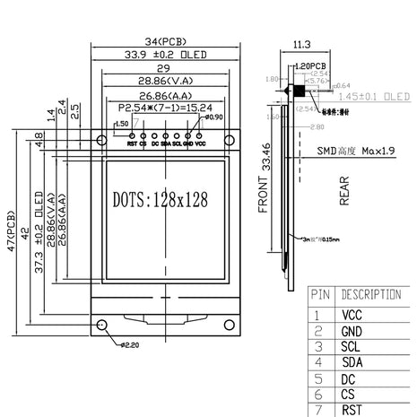 1.5 Inch OLED Screen Module SPI 7Pin 128*128 COG SH1107 Drive White LCD Display Low Power Consumption 3.3V-5V OLED LCD Module