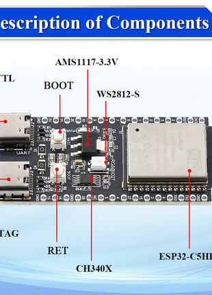 Placa de desarrollo ESP-32 C5 Módulo WiFi de doble frecuencia 2.4G y 5GHz ESP32-C5-DevKitC-1 N4 4MB Flash WIFI6 CH343 Módulo electrónico TYPE-C de 32 pines