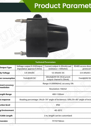 0-2000W Total Solar Radiation Sensor RS485 0-2V 4-20MA 400-1100nm Light Detector Sunshine Radiation Sensor Transmitter Pyranomer Sensor Module