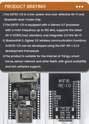 Módulo de desarrollo WiFi 6 ESP32-C6 Placa de desarrollo WiFi con oscilador de cristal de 32.768, LED RGB, núcleo RISC-V de 32 bits, Flash de 4 MB ESP-32 C6 Módulo electrónico
