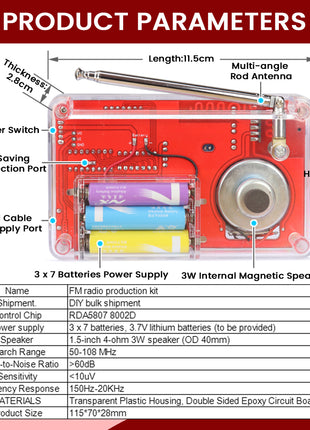 Kit Electrónico de Radio FM DIY 50-108MHz Ajustable IC RDA5807 con Pantalla Digital LED Kit de Soldadura DIY Altavoz de 3W Doble Alimentación Kit Electrónico DIY