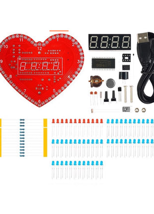 DIY Kit Electronic Multi-function Heart-Shaped LED Clock 4-digit Digital Tube Display PCB Soldering Practice Kit Micro USB DC 5V DIY Electronic Kit