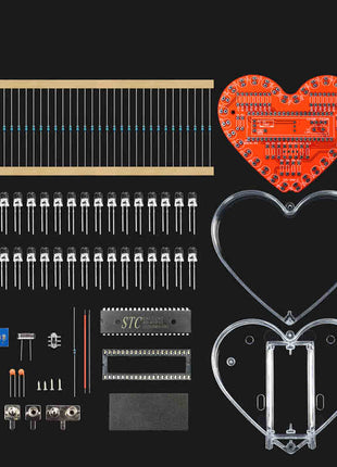 Kit electrónico DIY con luces LED en forma de corazón y efecto de flujo, 32 luces LED coloridas, kit de práctica de soldadura DIY, alimentado por batería