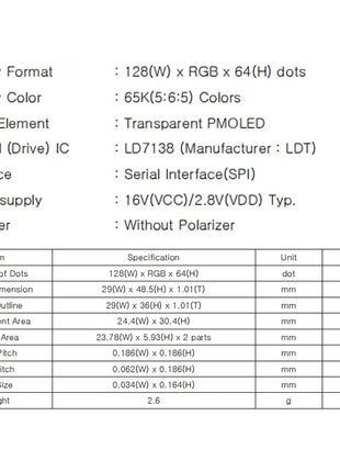 1.5 Inch OLED LCD Display Screen 15PIN Interface LD7138 Transparent Color Screen SPI Serial Port 128*64 Resolution 65K Colors OLED LCD Module