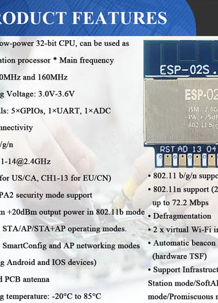 ESP-02S Serial Wireless 2.4G Wifi Module Transceiver for Smart Home Industrial IoT 1MB Flash ESP 02S ESP8285 Electronic Module