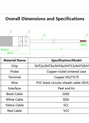 emperature Humidity Sensor Probe Cable Metal Head Digital Capacitance Sensors 1M Length I2C Output SHT20 SHT30 SHT40 SHTC3 Sensor Module