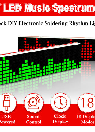 Kit de soldadura electrónico de reloj de matriz de puntos LED DIY DS1302 con espectro de música, luz rítmica, alimentación USB DC5V con micro cable, kit electrónico de bricolaje