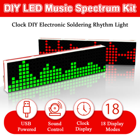 Kit de soldadura electrónico de reloj de matriz de puntos LED DIY DS1302 con espectro de música, luz rítmica, alimentación USB DC5V con micro cable, kit electrónico de bricolaje